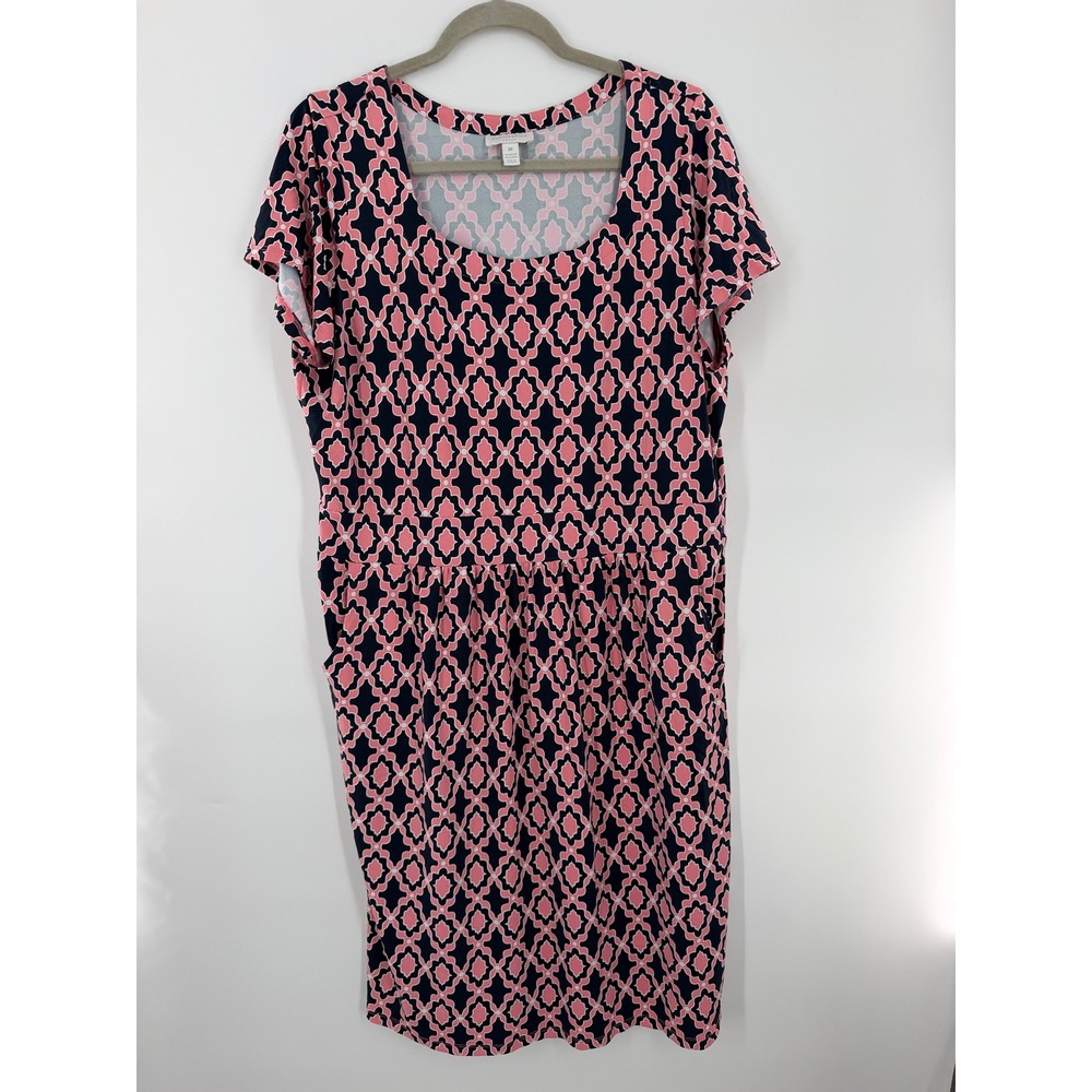 Charter Club Woman Pink Navy Geometric Trellis Pocket Dress 0X Short Sleeve